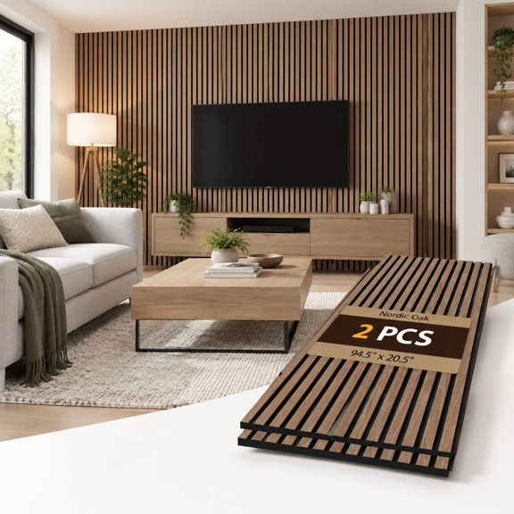 Nordic Oak 2-piece Wood Slat Acoustic Panels 94.5" x 20.5" Sound Absorbing Wall Panels