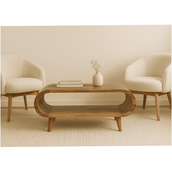 Nordic Oak Finish Coffee Table with Open Shelf Storage, Modern Scandinavian Living Room Furniture