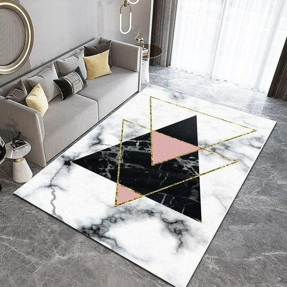 Nordic Pink Black White Marble Geometric Triangle Area Rug Gold Yellow Border Printed Large Rugs Room Sofa Living Bedroom Home Decor Floor Mats 3x5 Carpet Non-slip Washable Soft