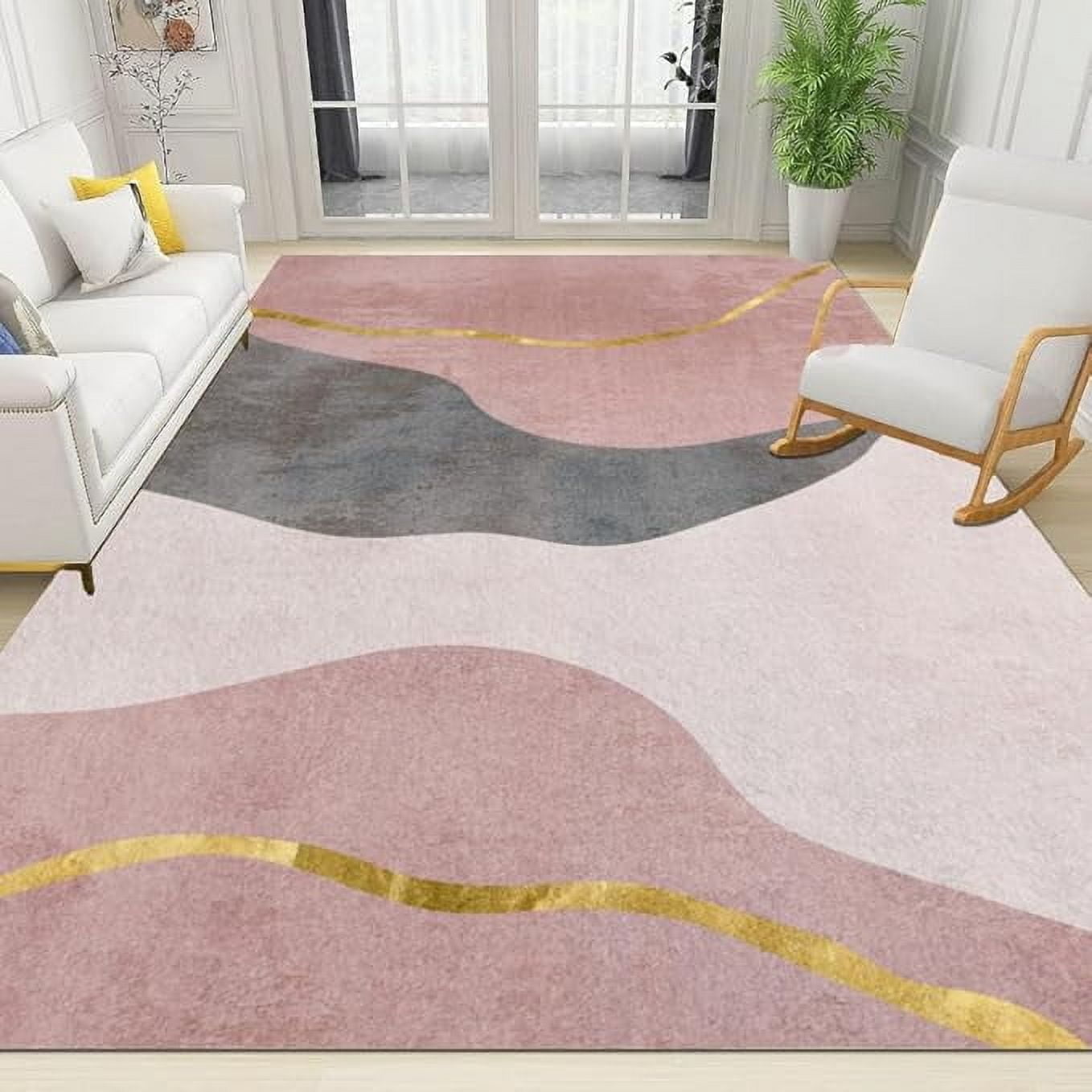 Nordic Pink Gray Irregular Geometry Area Rug, Abstract Gold Line Art ...