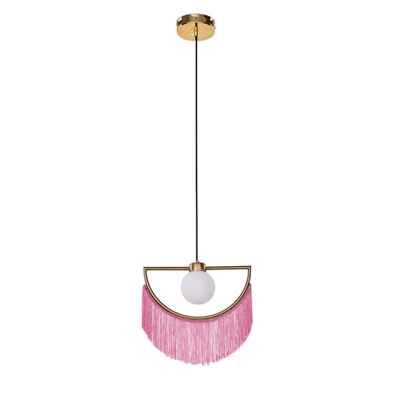 Nordic Pink Tassel Semi Flush Pendant Light, Gold Semi-Circle Frame with Opal Glass Globe, E27 Base, Adjustable Cord for Bedroom Living Room