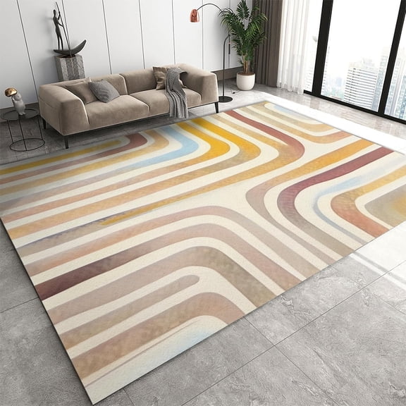 Nordic Rainbow Area Rug, Modern Bohemian Geometry Bedroom Rug, Machine Washable Soft Interior Stripe Carpet for Living Room Apartment Entryway Outdoor 2'x3'
