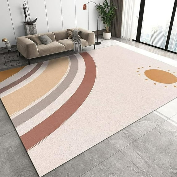 Nordic Rainbow Sun Area Rug, Mid-Century Boho Brown Abstract Lines Living Room Rug, Indoor Non-Slip Kids Rugs, Washable Breathable Durable Carpet For Front Entrance Floor Decor 5x8ft