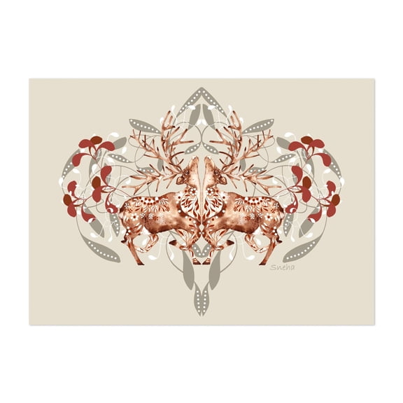 Nordic Reindeer Folk Art | Watercolour Reindeer Art - India Mixed Media Deer Wildlife Autumn Watercolor Pattern Nature Floral Unframed Wall Art Print 5 x 7 inches
