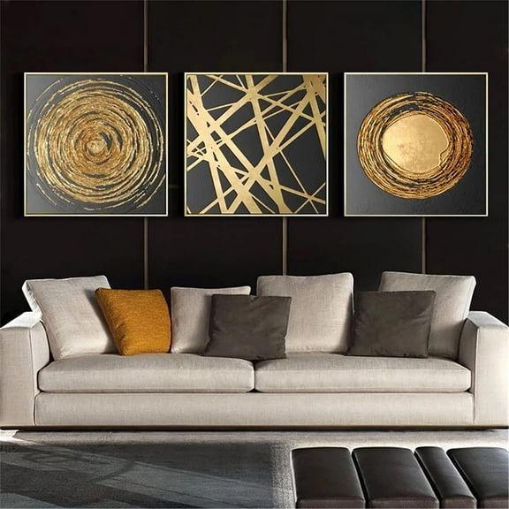 Nordic Retro Gold Foil Gold Line Abstract Pattern Canvas Wall Art Painting Picture Modern Living Room Decoration with Wooden Inner Frame