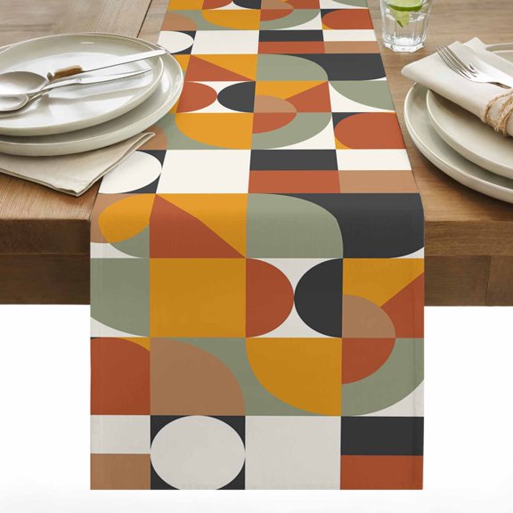 Nordic Retro Table Runner 13x36 inch Orange Black White Geometric Abstract Art Cotton Linen Dining Table Runner Ideal for Dresser Kitchen Coffee Tables - Machine Washable