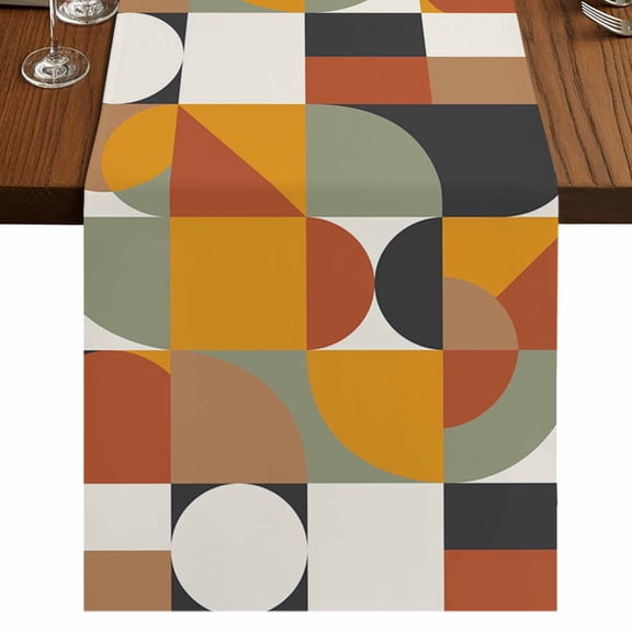 Nordic Retro Table Runner 36 Inches Long, Orange Black White Geometric Abstract Art Cotton Linen Dining Table Runner Dresser Scarves for Home Kitchen Party Decor 13"x36"