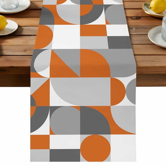 Nordic Retro Table Runner, Orange Grey Geometric Abstract Art Cotton Linen Table Cloth, Tablerunner for Kitchen Dining Party Wedding Home Decor 13x36 Inch