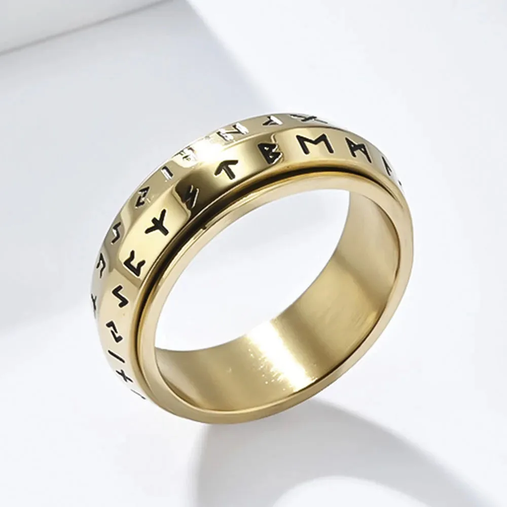 Nordic Retro Viking Rune Ring For Men Women Simple 14K Yellow Gold Odin ...