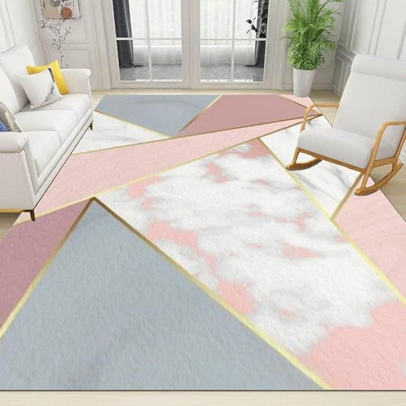 Nordic Rose Gold Pink Geometry Living Room Rugs, Modern Marble Line Art Indoor Soft Rug, Non-Shedding Large Accent Rug For Living Room Kids Nursery Playroom Dorm Decor 5 x 6ft