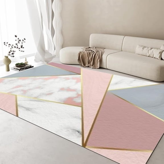 Nordic Rose Gold Pink Geometry Living Room Rugs, Modern Marble Line Art Indoor Soft Rug, Non-Shedding Large Accent Rug For Living Room Kids Nursery Playroom Dorm Decor 1x2ft