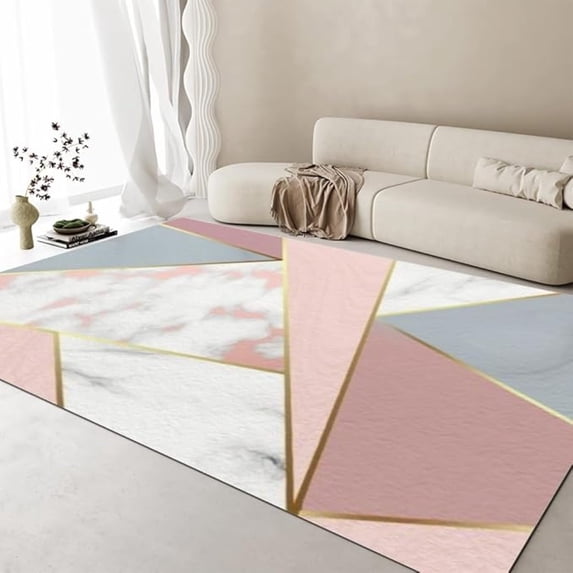 Nordic Rose Gold Pink Geometry Living Room Rugs, Modern Marble Line Art Indoor Soft Rug, Non-Shedding Large Accent Rug For Living Room Kids Nursery Playroom Dorm Decor 5x8ft