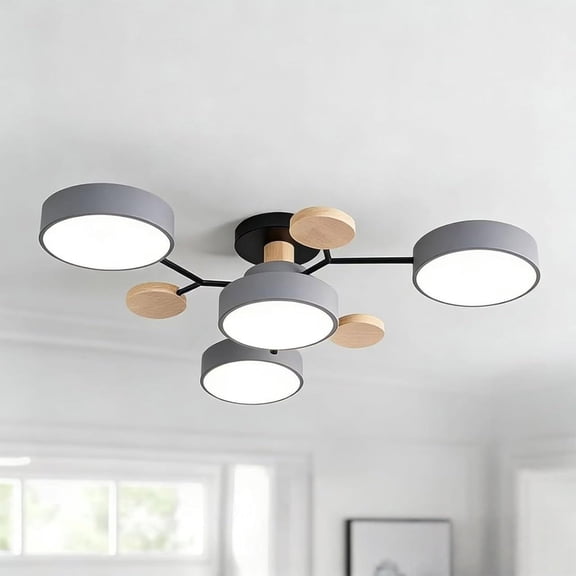 Nordic Rubber Wood Base Semi-Flush Ceiling Light with Circular Acrylic LED Shade, Wall-Controlled Modern Fixture for Living Room Bedroom Dining gray