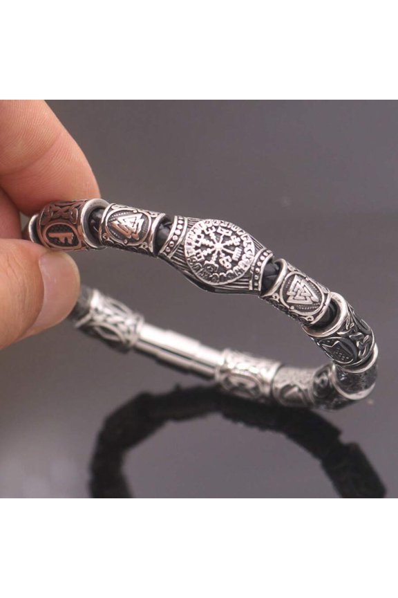 Nordic Rune Beaded Bangle Bracelet Silvertone Stainless Steel 21cm