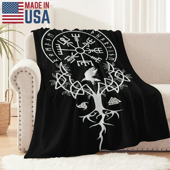 Nordic Rune & Raven Flannel Blanket – Cozy Soft Throw with Odin's Tree & Mystic Sigils, Black with White Design, Perfect for Home Decor, Comfort