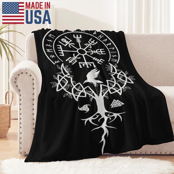 Nordic Rune & Raven Flannel Blanket – Cozy Soft Throw with Odin's Tree & Mystic Sigils, Black with White Design, Perfect for Home Decor, Comfort