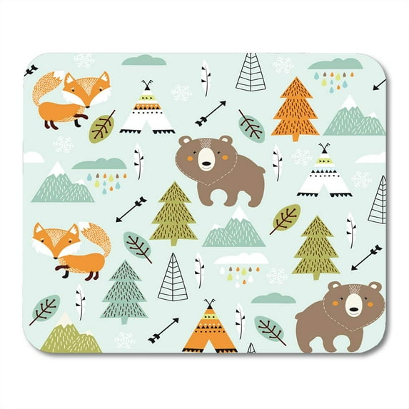 Nordic Scandinavian Pattern Fox Bear Wigwam Mountains Ascetic Tipee Cute Mousepad Mouse Pad Mouse Mat 9x10 inch