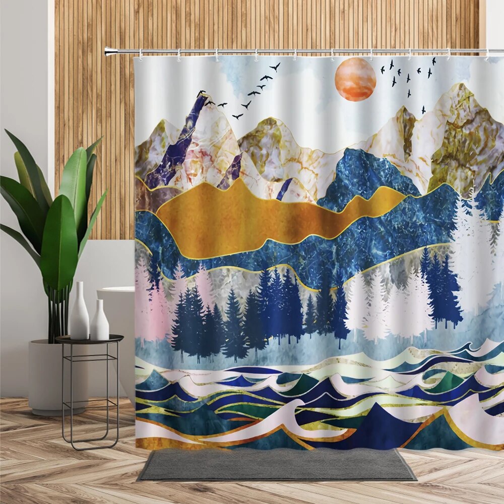 Nordic Scenery Shower Curtain Mountain Water Starry Sky Moonlight