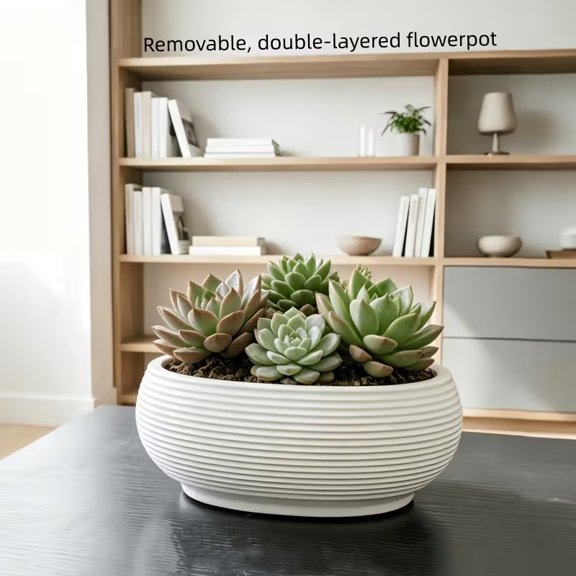 Nordic Self-Priming Plastic Flowerpots Set Bird's Nest Shape with Horizontal Stripes, No Drainage Holes & Inner Pot, Versatile Succulent Planters for Home Decor Gardening Gift