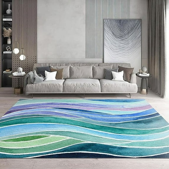 Nordic Simple Area Rug, Entry Rug Non-Slip Washable Indoor Door Mat, Small Watercolor Blue Green Purple Throw Rug For Bedroom Kitchen Entryway Bathroom 5 x 7ft