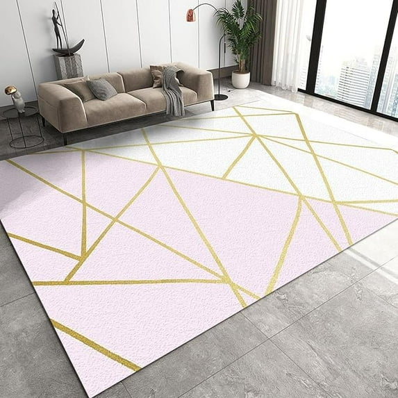 Nordic Simple Washable Area Rug, Golden Lines White Pink Marble Texture Home Decor Rugs, Anti-Skid Soft Durable Carpet For Bedroom Kids Bedroom Bedside Living Room Indoor Entry 5 x 8ft