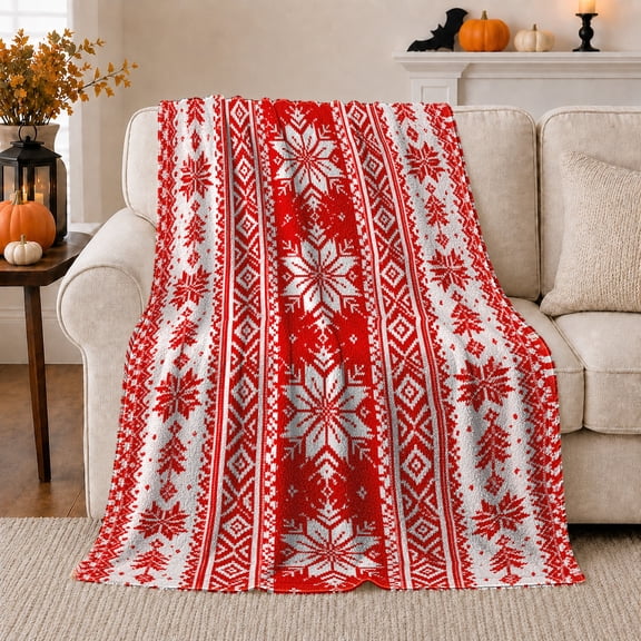 Nordic Snowflake Red Winter Living Room, Festive Holiday Scene, Warm Flannel Blanket for Living Room and Family Room, Art Lovers Housewarming Gift, Festive Home Decor