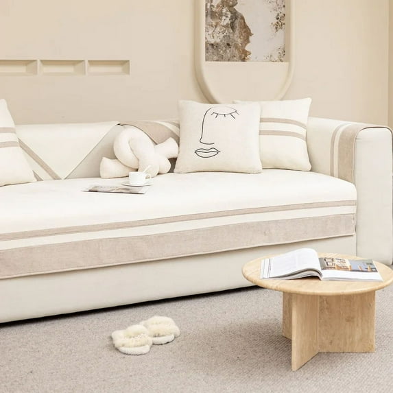 Nordic Sofa Cushion Light Luxury Modern Four Seasons Universal New 2023 Khaki Striped Cushion Cover Cover Towel (C,90X240cm 1pc)