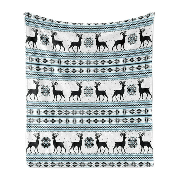 Nordic Soft Flannel Fleece Blanket, Chevron Zigzags Winter Floral Arrangement Norwegian Reindeer Snow Pattern, Cozy Plush for Indoor and Outdoor Use, 50" x 70", Black White Sky Blue, by Ambesonne