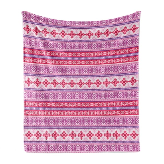 Nordic Soft Flannel Fleece Blanket, Geometric Abstract Snowflake Pattern European Ornamental Knitting Design, Cozy Plush for Indoor and Outdoor Use, 60" x 80", Lilac Dark Coral White, by Ambesonne