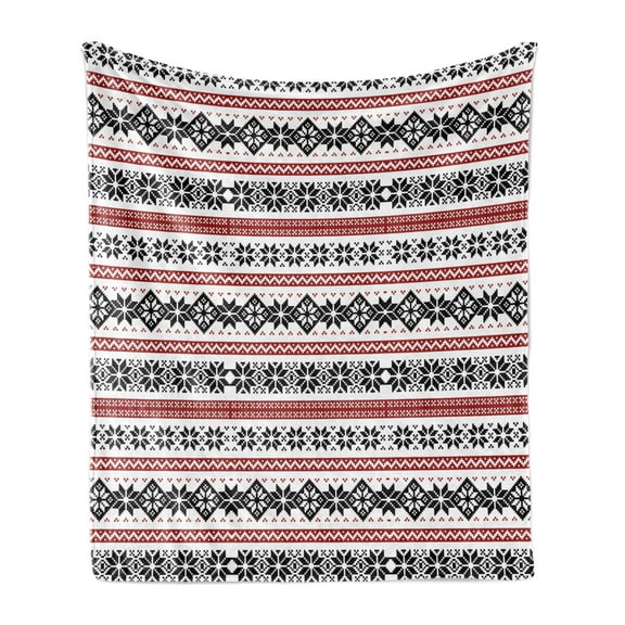 Nordic Soft Flannel Fleece Blanket, Scandinavian Style Norwegian Ornamental Winter Motif Silhouettes Traditional, Cozy Plush for Indoor and Outdoor Use, 70" x 90", Ruby Black White, by Ambesonne