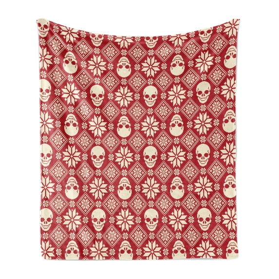Nordic Soft Flannel Fleece Blanket, Nordic Stitch Skull Pattern with Snowflakes and Floral Design Ornamental Knit Design, Cozy Plush for Indoor and Outdoor Use, 70" x 90", Red Beige, by Ambesonne