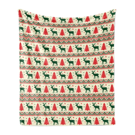 Nordic Soft Flannel Fleece Throw Blanket, Pixel Art Inspirations Christmas Ornamental December Reindeers Vintage, Cozy Plush for Indoor and Outdoor Use, 60" x 80", Emerald Beige Scarlet, by Ambesonne