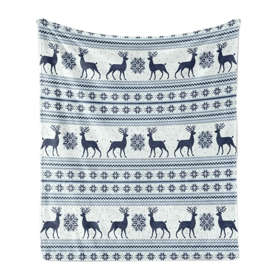 Nordic Soft Flannel Fleece Throw Blanket, Pixel Art Style Christmas Pattern with Reindeer and Snowflake Motifs, Cozy Plush for Indoor and Outdoor Use, 50" x 60", Pale Blue Dark Blue, by Ambesonne