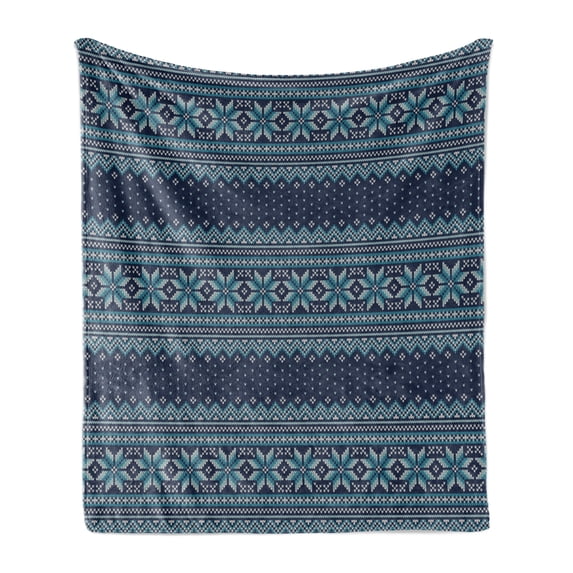 Nordic Soft Flannel Fleece Throw Blanket, Simplistic Pattern with Chevron Herringbone Abstract Snowflake Print, Cozy Plush for Indoor and Outdoor Use, 60" x 80", Turquoise and Dark Blue, by Ambesonne