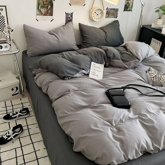 Nordic Solid Color Ins Simple Double-Piece Washed Cotton Bed Sheet Quilt Cover Four-Piece Set Student Dormitory Three-Piece Set Fitted Sheet