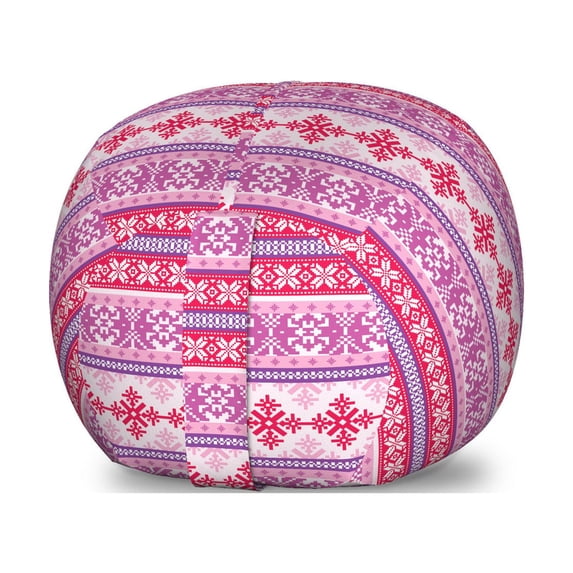 Nordic Storage Toy Bag Chair, Geometric Abstract Snowflake Pattern European Ornamental Knitting Design, Stuffed Animal Organizer Washable Bag, Large Size, Lilac Dark Coral White, by Ambesonne