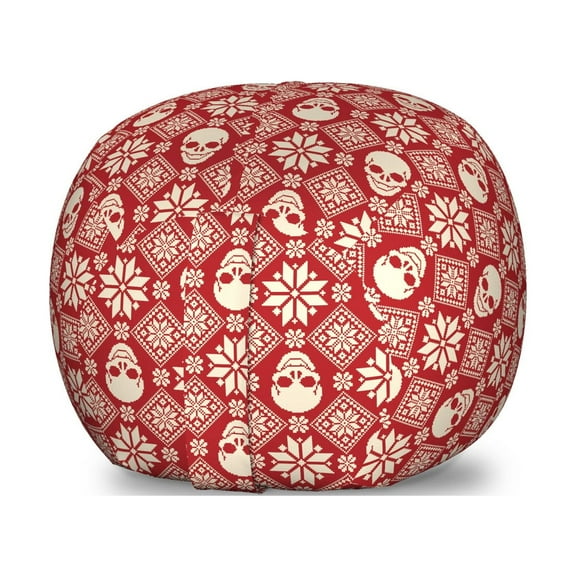 Nordic Storage Toy Bag Chair, Nordic Stitch Skull Pattern with Snowflakes and Floral Design Ornamental Knit Design, Stuffed Animal Organizer Washable Bag, Small Size, Red Beige, by Ambesonne