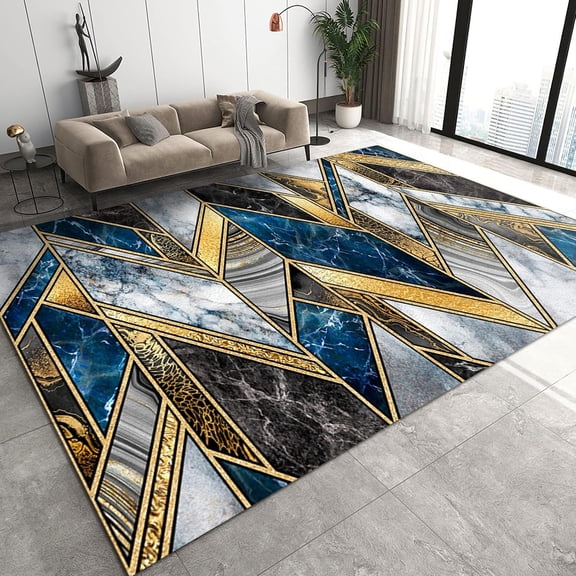 Nordic Style Area Rug, Blue White Geometric Abstract Marble Pattern Carpet, Modern Soft Non-slip Easy to Clean Rug for Home Living Room Bedroom Office Decor Mats 4ft x 5ft