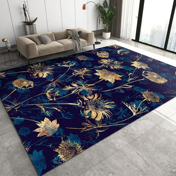 Nordic Style Area Rug, Gold Blue Watercolor Flower Painting Indoor Carpet, Modern Indoor Washable Non-slip Durable Rug for Home Decor Carpet Mat Yoga Mat Runner Door Mat 2ft x 3ft