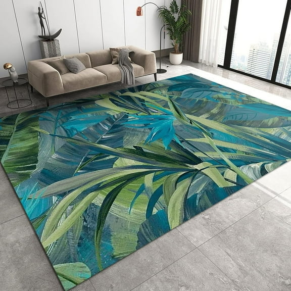 European Green Leaves Area Rugs, Hand Drawn Tropical Rainforest Banana Leaf Plant 3D Carpet, Area Carpet Shaggy Non-Skid Apply to Playroom Cafe Office Door Mats Porch,2ft x 3ft