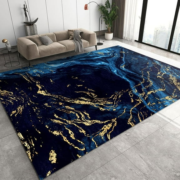Nordic Style Area Rugs, Blue Gold Abstract Fluid Texture Hallway Carpet, Modern Non-shedding Indoor Foldable Non Slip Rug for Living Room Apartment Entrance Decor Mats 2ft x 4ft