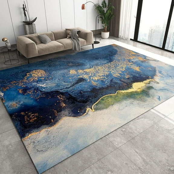 Nordic Style Area Rugs, Blue Gold Abstract Paint Fluid Texture Outdoor Carpet, Modern Non-shedding Indoor Foldable Washable Non Slip Rug for Laundry Conference Playroom Hallway Mat 2'x3'