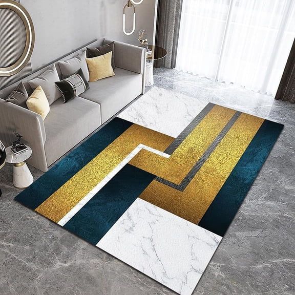 Nordic Style Area Rugs, Blue Gold Geometric Striped Pattern Hallway Carpet, Modern Non-Shedding Indoor Foldable Rug for Bedroom Living Room Study Playing Home Decor 5ft x 6ft