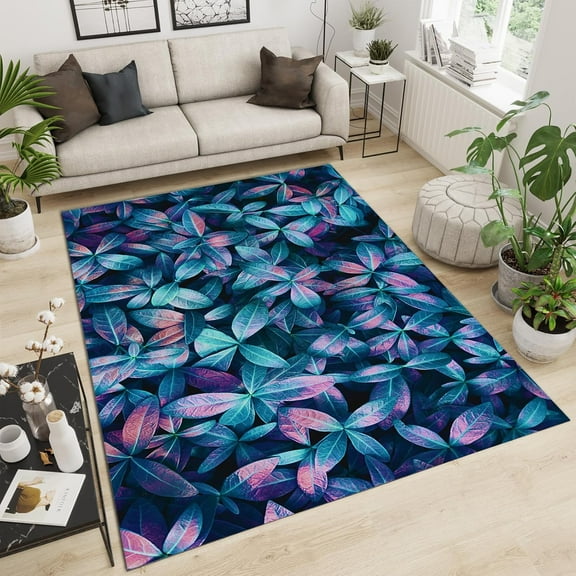 Nordic Style Area Rugs, Blue Pink Plant Leaves Pattern Large Carpet, Home Decor Non-Slip Backing Machine Washable Rug for Living Room Bedroom Apartment Home Mats 5ft x 8ft