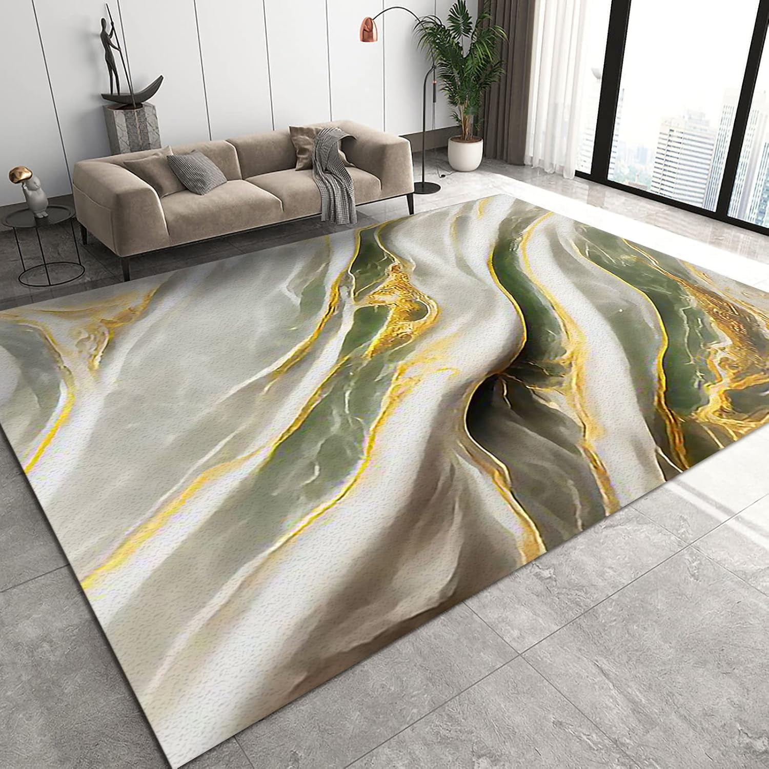 Nordic Style Area Rugs, Green White Marble Gold Stripes Texture Floor Carpet, Modern Soft Washable Non-Slip Indoor Outdoor Rug 4ft x 6ft