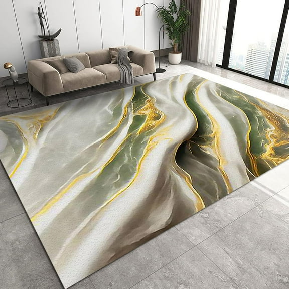 Nordic Style Area Rugs, Green White Marble Gold Stripes Texture Floor Carpet, Modern Soft Washable Non-Slip Indoor Outdoor Rug 5ft x 8ft