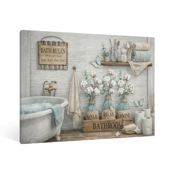 Nordic Style Bathroom Decorative Painting Wooden Wall Art with Cotton Bottles Butterflies Design Modern Minimalist Home Decor Unframed Canvas Prints for Restroom Washroom