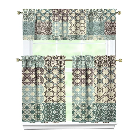 Nordic Style Boho Kitchen Curtains 3 Piece Set - Bohemian Vintage Tier & Valance for Small Windows