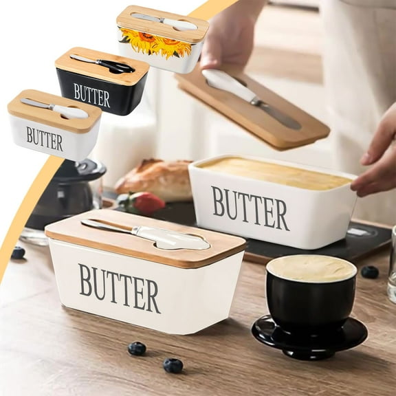Nordic Style Ceramic Butter Dish with Lid and Knife, 16.8x9.4x8.4cm Butter Storage Container, Scandinavian Design Cheese Keeper Box for Kitchen, White Black Yellow Available