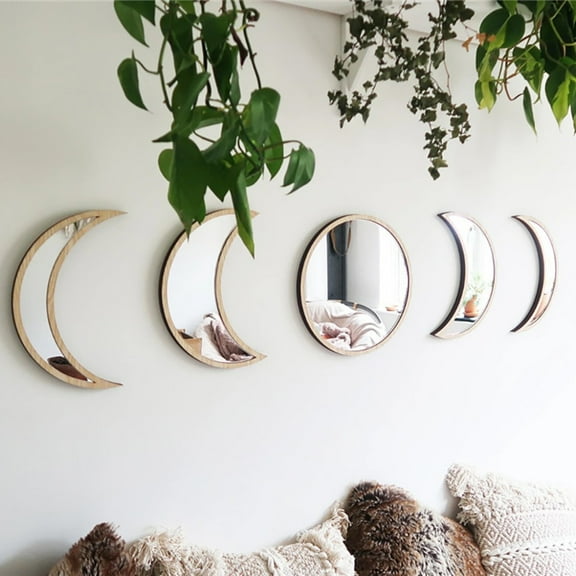 Nordic Style Decorative Mirror, Wooden Acrylic Phase Mirror Set, Round Wall Decor for Bedroom with Crescent Shapes Easy Installation